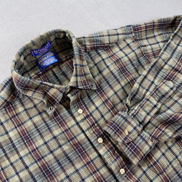 VTG Pendleton Shirt Men XL Brown Tartan Plaid Worsted Wool Sir Pendleton *Flaws* - Picture 1 of 16